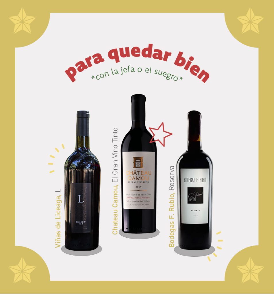 Vinos para la posada que quieres quedar bien: L de Viñas de Liceaga, El Gran Vino Tinto de Chateau Camou y Reserva de Bodegas F. Rubio